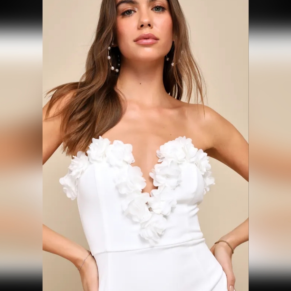 Lulus Gorgeous Wonder White 3D Floral Applique Strapless Mini Dress - Picture 3 of 6